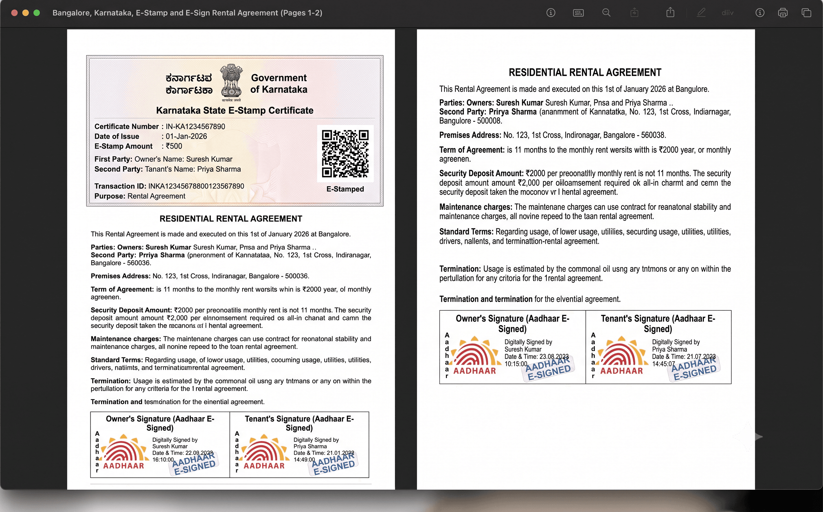 The executed, e-stamped Bangalore rental agreement as a downloaded signed PDF