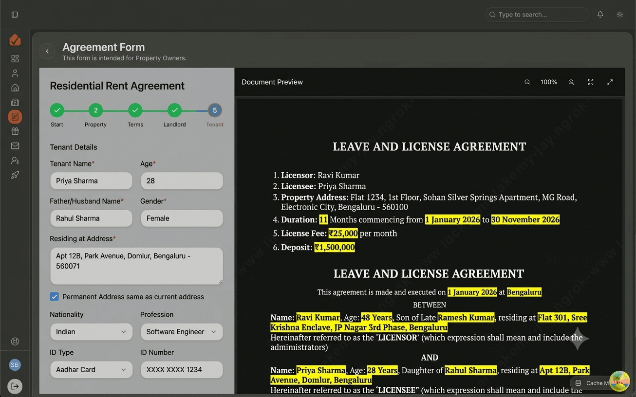 Snapshot of an online rental agreement being drafted for a Bangalore property